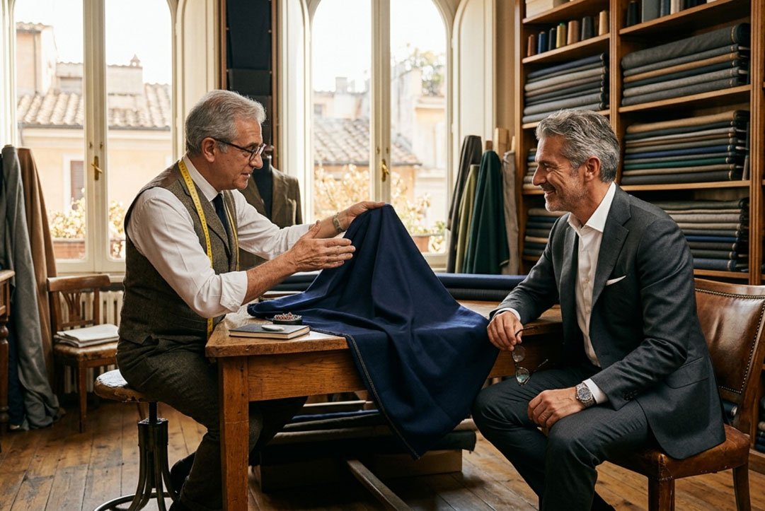 Proper suit storage on a shaped wooden hanger with 24 to 48 hours rest between wearings – extending the lifespan of a Super 160s wool hand-sewn suit from DELETTO